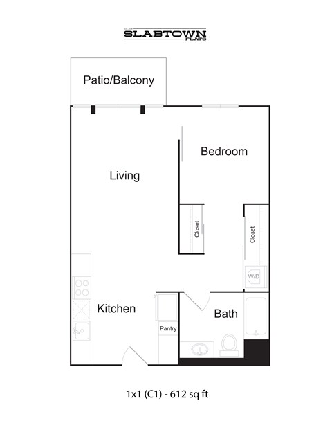 Floor plan for 1 bed, 1 bath, 612 sqft